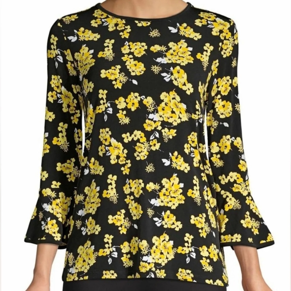 Michael Michael Kors Black/Yellow Bell Sleeve Top Size Large NWT - Picture 1 of 13